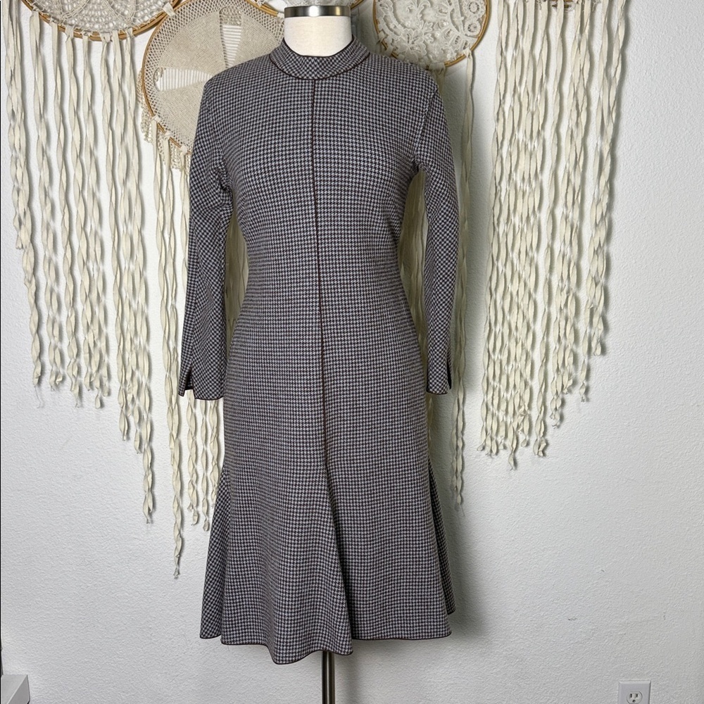 Jill Stuart Blue and Brown Kick Pleat Long Sleeve Wool Blend Dress Size Small